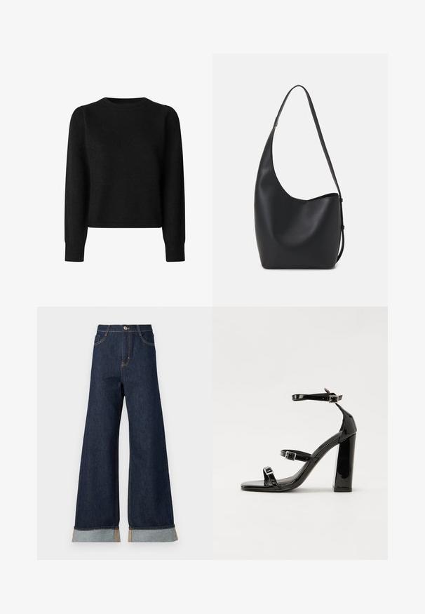 Mustapaitainen neulepusero, jossa on pitkät hihat, pyöreä pääntie ja lyhyt muotoilu. Varustettu ribbaustaskuilla ja helman tehosteilla. Pehmeä rakenne, yhtenäinen väri.; Kapelevat tummansiniset farkut, joissa on oranssit ompeleet, korkealla vyötäröllä, kaksi etutaskua ja käännetyt hihansuut, jotka esittelevät vaaleansinistä kontrastikangasta.; Musta kiiltäväpintainen korkokengät, joissa on kaksi solkikiinnitystä, neliönmuotoinen kärki ja paksu korko, sileällä, kiiltävällä pintarakenteella.; Musta nahkainen hobo-laukku, jossa on sileä pinta, kaareva muoto ja yksi säädettävä olkahihna; sisäänkäynti on leveä ylhäältä.