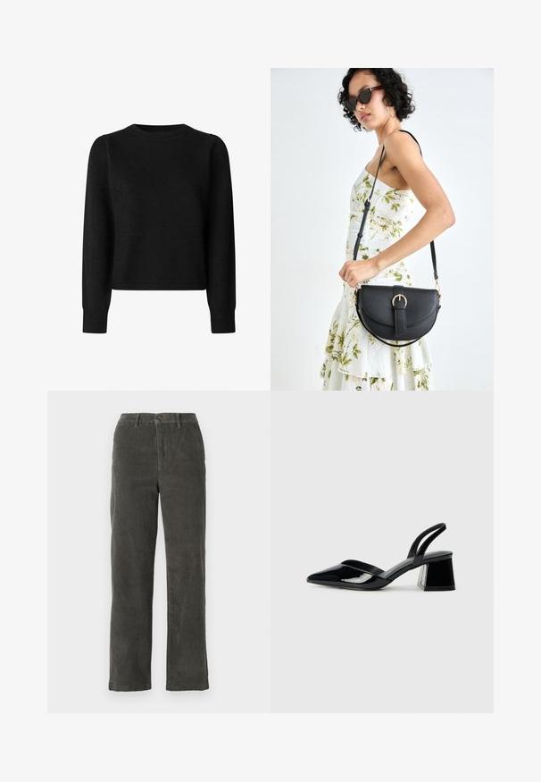 Sort, strikket sweater med lange ærmer, rund halsudskæring og en cropped pasform. Har ribbede manchetter og kant. Blød tekstur, ensfarvet.; Grå kordfløjl bukser med en taljeelastik, lukning med frontknap og to sidelommer. Lige ben design og ribbet tekstur.; Sorte patentlæder slingback hæle med spids tå og en geometrisk blok hæl. Har et elegant, minimalistisk design og en glat tekstur.; Sort læderhåndtaske med en buet form, aftagelig rem og guldfinish. Tasken har en klap med en spænde detalje.