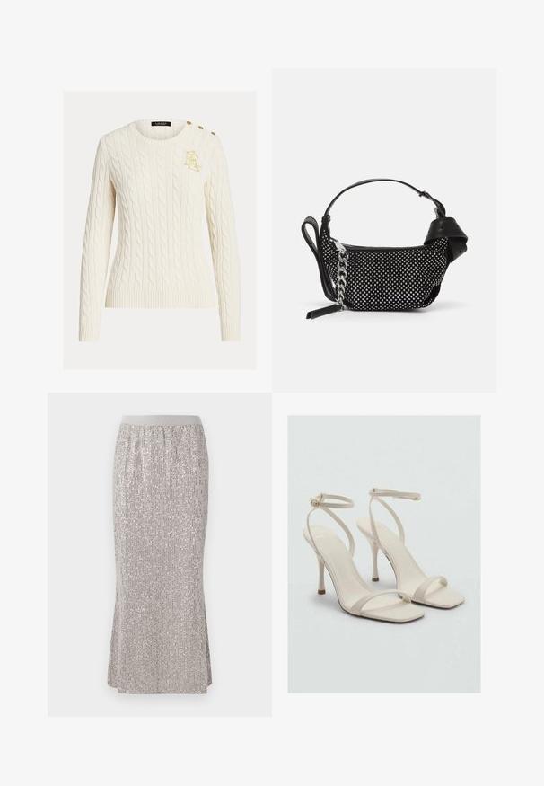 Cremefarbener Kabelstrickpullover mit langen Ärmeln, Rundhalsausschnitt, goldfarbenem gesticktem Logo auf der Brust und drei goldenen Knöpfen an der Schulter.; Knielange, silberne Paillettenrock mit einem taillierten Bund, der vertikale Schimmermuster und seitliche Schlitze für Bewegungsfreiheit aufweist.; Beige High-Heelsandalen mit quadratischer Zehenpartie und dünnen Knöchelriemen. Glattes Material mit minimalistischem Design und einem schmalen Absatz.; Schwarze Handtasche mit texturiertem Design, verziert mit silbernen Nieten und einem klobigen silbernen Kettenriemen. Besitzt eine elegante, minimalistische Form.