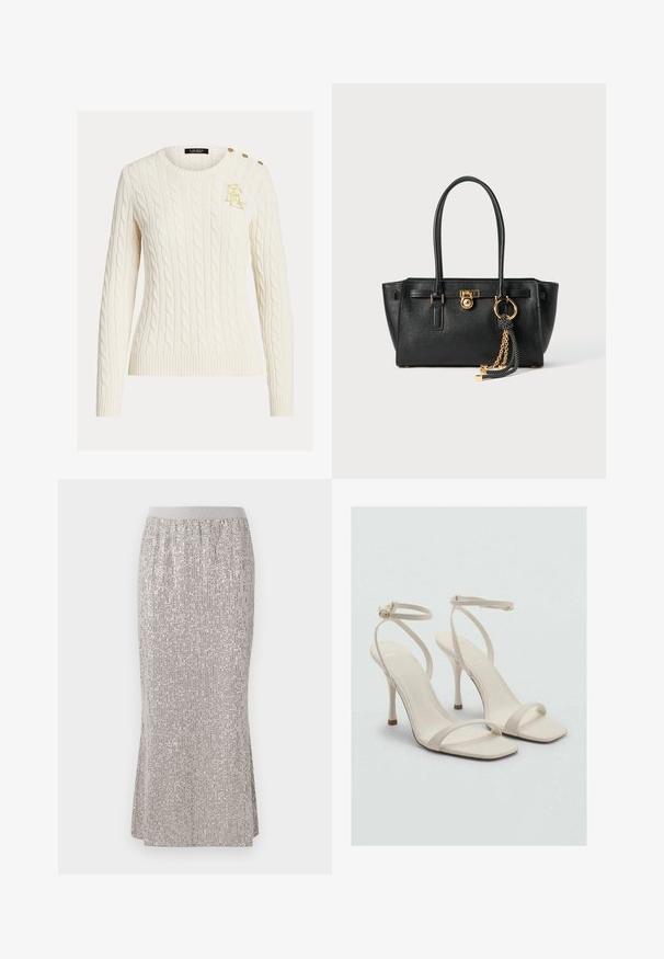 Cream cable-knit sweater with long sleeves, round neck, gold embroidered logo on chest, and three gold buttons on shoulder.; Knee-length, silver sequin skirt with a fitted waistband, featuring vertical shimmer patterns and side slits for ease of movement.; Beige high-heeled sandals with a square toe and thin ankle straps. Smooth material with minimal design, featuring a slender heel.; Black leather handbag with double handles, gold lock and chain detail, and black-and-white tassel accessory against white background.
