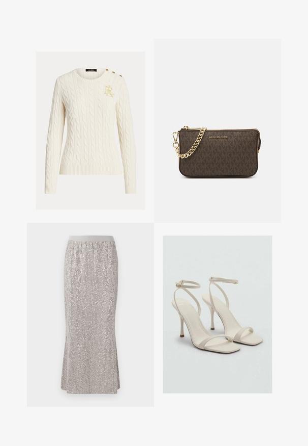 Cremefarbener Kabelstrickpullover mit langen Ärmeln, Rundhalsausschnitt, goldfarbenem gesticktem Logo auf der Brust und drei goldenen Knöpfen an der Schulter.; Knielange, silberne Paillettenrock mit einem taillierten Bund, der vertikale Schimmermuster und seitliche Schlitze für Bewegungsfreiheit aufweist.; Beige High-Heelsandalen mit quadratischer Zehenpartie und dünnen Knöchelriemen. Glattes Material mit minimalistischem Design und einem schmalen Absatz.; Braune Leder-Crossbody-Tasche mit Logo-Muster, goldener Kettenriemen, Reißverschlussverschluss und goldenen Hardware-Details. Kompakte und rechteckige Form.