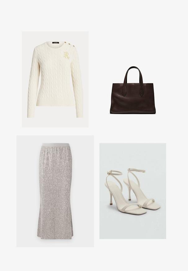 Krémový svetr s pleteným vzorem, dlouhými rukávy, kulatým výstřihem, zlatě vyšitým logem na hrudi a třemi zlatými knoflíky na rameni.; Sukně s délkou po kolena, stříbrná, pokrytá flitry, s přiléhavým pasem, vyznačující se vertikálními vzory lesku a postranními rozparky pro snadný pohyb.; Béžové sandály na vysokém podpatku se čtveratou špičkou a tenkými řemínky kolem kotníků. Hladký materiál s minimálním designem, s štíhlým podpatkem.; Hnědá kožená taška přes rameno s dvěma dlouhými uchy, strukturální obdélníkový tvar, hladká textura a jemné švy.