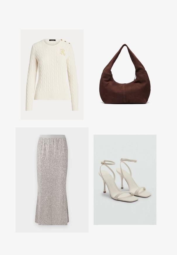 Pulover crem din tricot cu model împletit, cu mâneci lungi, guler rotund, logo brodat cu fir auriu pe piept și trei nasturi aurii pe umăr.; Fustă argintie până la genunchi, cu paiete, având un talie ajustată, ce prezintă modele verticale strălucitoare și slituri laterale pentru ușurința mișcării.; Sandale cu toc înalt bej, cu vârf pătrat și bretele subțiri pentru glezne. Material neted cu un design minimalist, având un toc subțire.; Geantă hobo din suede maro, cu o maner curbat și lat și o deschidere mare. Textură moale cu detalii de cusătură vizibile de-a lungul marginilor.