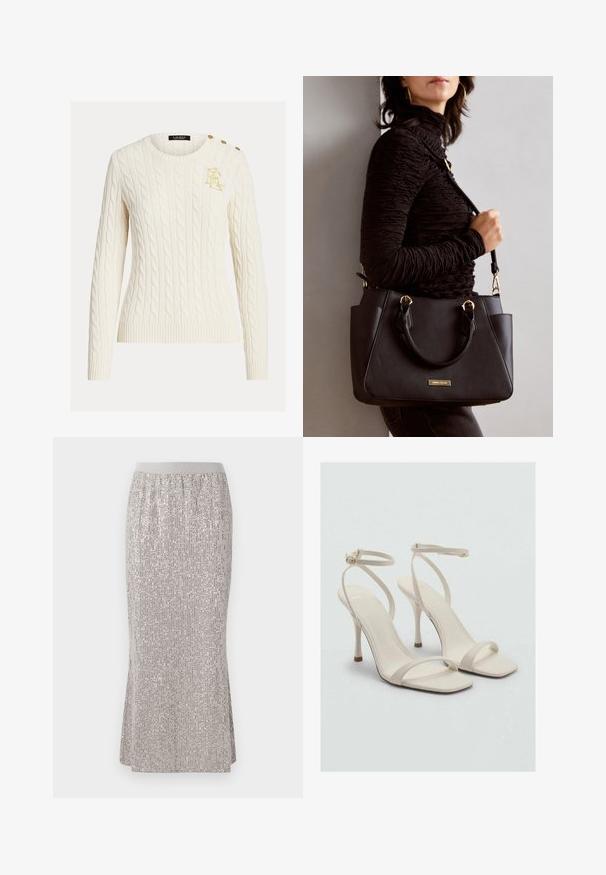Kremasta pulover iz kabelskega pletenja z dolgimi rokavi, okroglo ovratnikom, z zlatim vezenim logotipom na prsih in tremi zlatimi gumbi na rami.; Krila dolžine do kolen, okrašena s srebrnimi bleščicami, z oprijetim pasom, ki ima navpične vzorce sijaja in bočne reze za olajšano gibanje.; Bež sandali s visoko peto, kvadratnim prstom in tanjšimi trakovi okoli gležnja. Gladka tkanina z minimalnim dizajnom, s tanko peto.; Črna torbica z teksturirano površino, z dvema zgornjima ročajema in nastavljivim ramenskim pasom. Ima zlatovrateče dodatke in stranske žepe.
