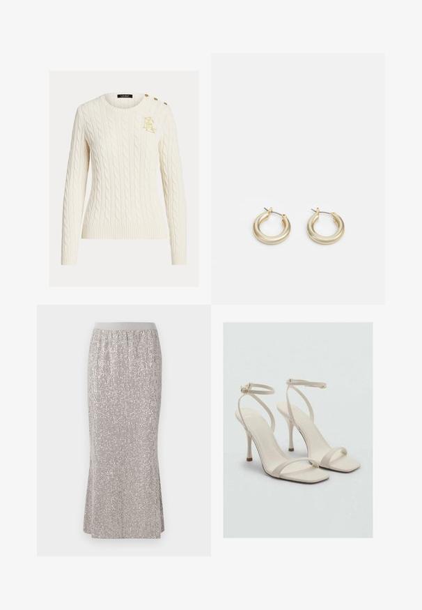 Kremowy sweter w warkocze z długimi rękawami, okrągłym dekoltem, złotym haftowanym logo na piersi oraz trzema złotymi guzikami na ramieniu.; Sukienka do kolan, pokryta srebrnymi cekinami, z dopasowaną talią, z pionowymi wzorami błysku i bocznymi rozporkami dla ułatwienia ruchu.; Beżowe sandały na wysokim obcasie z kwadratowym noskiem i cienkimi paskami na kostkę. Gładki materiał o minimalistycznym wzornictwie, z smukłym obcasem.; Lauren Ralph Lauren BASIC SMALL HOOP - Kolczyki
