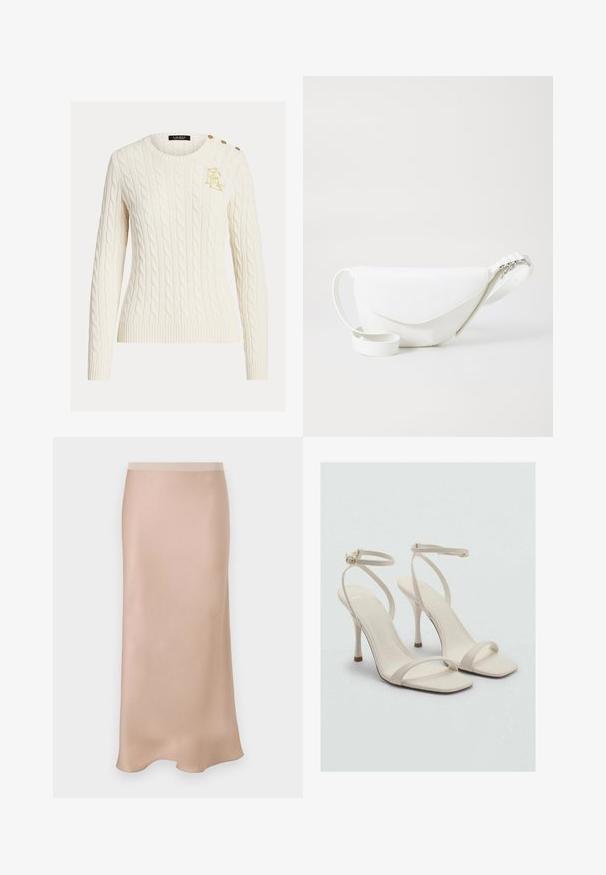 Krémový svetr s pleteným vzorem, dlouhými rukávy, kulatým výstřihem, zlatě vyšitým logem na hrudi a třemi zlatými knoflíky na rameni.; Satinová midi sukně ve světle béžové barvě se hladkým povrchem. Má přiléhavý pas a jemný tvar A-linie, který se mírně rozšiřuje na lemu.; Béžové sandály na vysokém podpatku se čtveratou špičkou a tenkými řemínky kolem kotníků. Hladký materiál s minimálním designem, s štíhlým podpatkem.; Bílý kožený ledvinka s zakřiveným designem, s klopovým uzávěrem a nastavitelným popruhem s kovovým akcentem. Hladká textura.