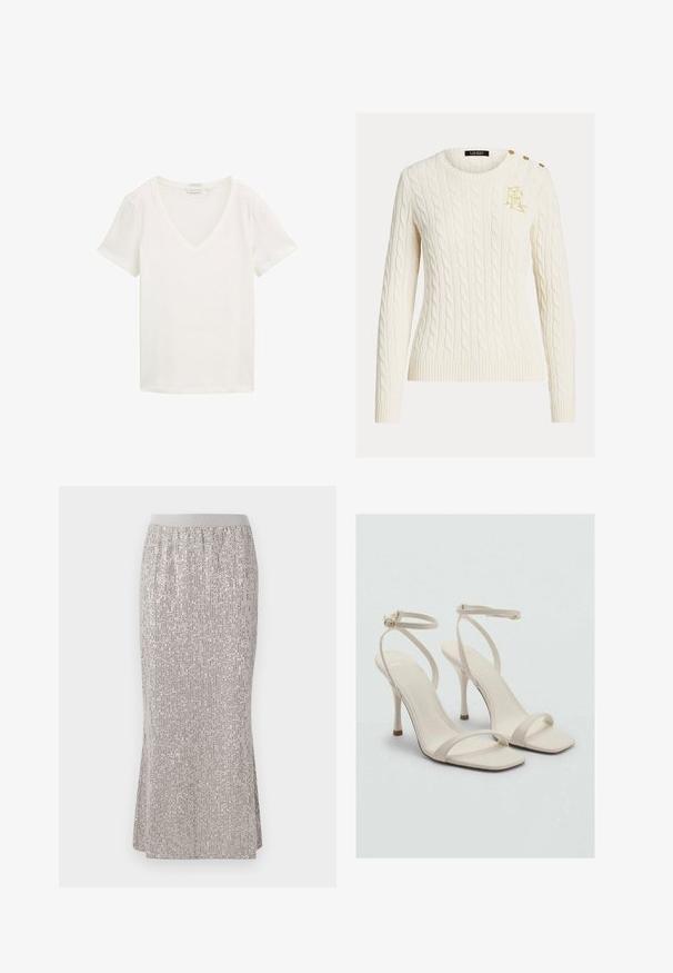 Krem džemper s pletenim uzorkom, dugih rukava, okruglog izreza, zlatno izvezenim logotipom na prsima i tri zlatne dugmadi na ramenu.; Pura bijela majica kratkih rukava s V-izrezom od organskog pamuka, prikazana ravno na bijeloj pozadini.; Suknja do koljena od srebrnih šljokica s uskim pojasom, koja sadrži vertikalne uzorke sjaja i bočne proreze za lakoću kretanja.; Bež sandale na visokom potpeticom s kvadratnim vrhom i tankim remenčićima oko zapešća. Glatki materijal s minimalnim dizajnom, sa vitkim potpeticama.