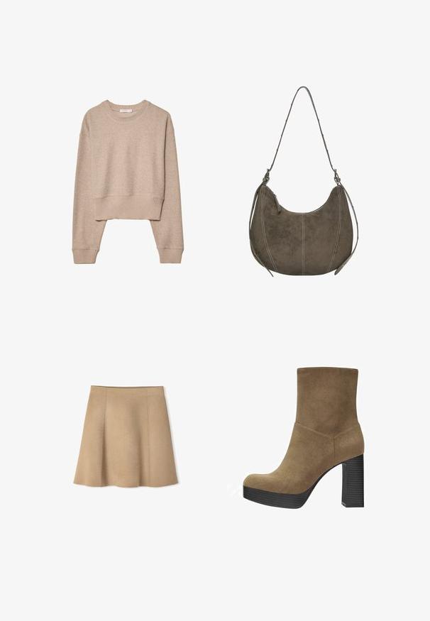 Beige verkürzter Strickpullover mit langen Ärmeln, gerippten Bündchen, Saum und Rundhalsausschnitt, vor weißem Hintergrund präsentiert.; Beige Strickrock mit ausgestellter Silhouette, der über vertikale Nähte und eine glatte Textur verfügt. Der Saum endet oberhalb des Oberschenkels.; Braune Wildleder-Stiefelette mit runder Zehenpartie, hohem Blockabsatz und strukturiertem schwarzen Plateausohle. Glatte Oberfläche mit minimalen Nähdetails.; Braune Wildleder-Hobo-Tasche mit geschwungener Form, Kontrastnähten, einem einzigen Schultergurt und Reißverschluss-Detail. Insgesamt glatte Textur.