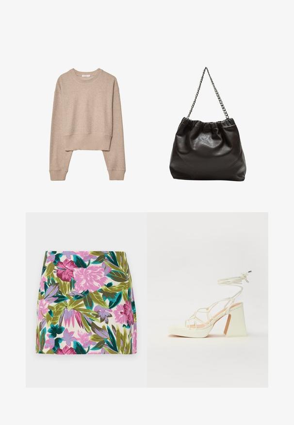 Beige cropped striktrøje med lange ærmer, ribbede manchetter, kant og rund halsudskæring, vist på hvid baggrund.; Mini-sundskørt med blomsterprint i klare pink og lavendelblomster, samt grønne og blå blade, lavet af et letvægtsstof.; Hvide højhælede sandaler med en kraftig hæl, der har et stropdesign og ankelbinding. Glat tekstur med en platform foran for ekstra højde.; Brun lædertaske med en rynket top og en kædestrop. Glat tekstur med en blank finish og subtile sømdetaljer på siderne.