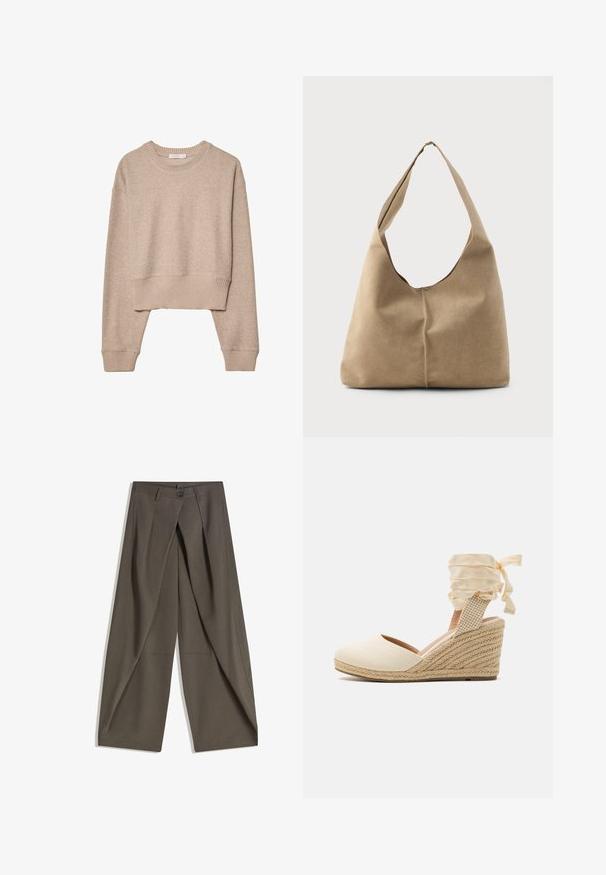Beige kort stickad tröja med långa ärmar, ribbat avslut, nederkant och rundad halsringning, avbildad på vit bakgrund.; Breda byxor i en strukturerad, mörkgrå tyg. Har en framfålla, knäppning med knapp och sidofickor för praktisk användning.; Beige espadrille-kilklack med överdel i canvas, öppen tå och mjuka satinband. Texturerad sula av jute med flätat mönster.; Hobo-väska i mjuk beige mocka med en avslappnad form, bred axelrem och handsydd sömdetalj längs framsidan.