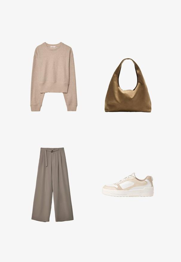Maglione corto lavorato a maglia beige con maniche lunghe, polsini e orlo a coste, e scollatura a girocollo, esposto su sfondo bianco.; Pantaloni a gamba larga in un morbido tessuto grigio tenue, con vita con cintura e pieghe per un tocco di design aggiuntivo. Texture liscia, senza motivi.; Sneaker beige e bianco con una tomaia in pelle liscia, punta perforata, design con lacci, accenti testurizzati e una suola in gomma spessa.; Borsa a spalla in tessuto marrone con un corpo ampio e arrotondato e una grande maniglia a taglio. Texture morbida, design minimalista e senza hardware visibile.