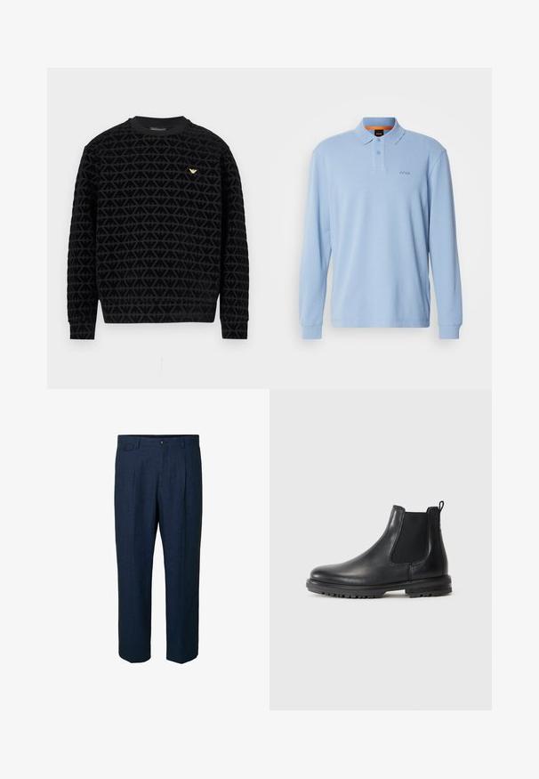 Felpa nera con scollo girocollo e motivo geometrico testurizzato, con logo dorato sul petto e polsini e orlo a coste.; Polo a maniche lunghe di colore blu chiaro in tessuto texturizzato con colletto e apertura a due bottoni, con logo "BOSS" ricamato sul petto.; Pantaloni di lino blu navy con vestibilità dritta, dotati di due tasche frontali, due tasche posteriori e una chiusura con bottone singolo in vita.; Stivale Chelsea in pelle nera con pannelli elastici laterali, linguetta, punta arrotondata e suola robusta con scanalature per la trazione.