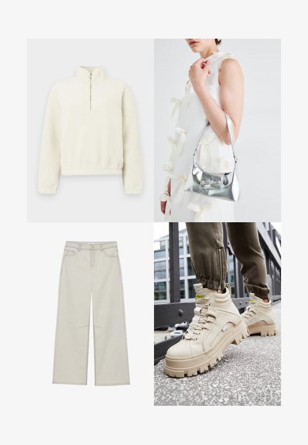Pulover iz kremaste flisaste tkanine z visokim ovratnikom in sprednjim zadrgo. Tekstura je mehka in puhasta, z rebrastimi manšetami in robom.; Svetlo sivi široki hlače s pet žepov, sprednjem zapiranju na gumb in kontrastnim šivom ob šivih. Tkanina izgledata mehka in trpežna.; Bež polvisne športne čevlje z debelim, teksturiranim podplatom, vezanjem in rumenimi detajli. Teksturirano usnjeno zgornje z črnimi šivi.; Srebrna metalna torbica z oblikovano strukturo, ki ima zgornji ročaj in detajl v obliki mašne spredaj. Gladka tekstura, z odsevnimi površinami.