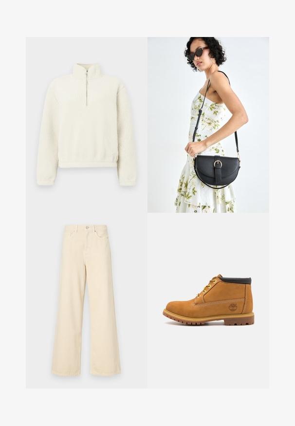 Pulover din fleece de culoare crem, cu guler înalt și fermoar frontal. Textura este moale și pufoasă, având manșete și tiv cu model canal.; Blugi bej cu croi larg, din bumbac. Au închidere cu nasture, bucle pentru curea și buzunare frontale, cu o textură netedă și moale.; Botină ankle din suede bej cu guler căptușit negru, găuri galbene pentru șireturi și talpă din cauciuc texturat. Prezintă un logo tipărit pe lateral.; Geantă din piele neagră, cu o formă curbată, curea detașabilă și accesorii aurii. Geanta are un capac cu un detaliu tip cataramă.