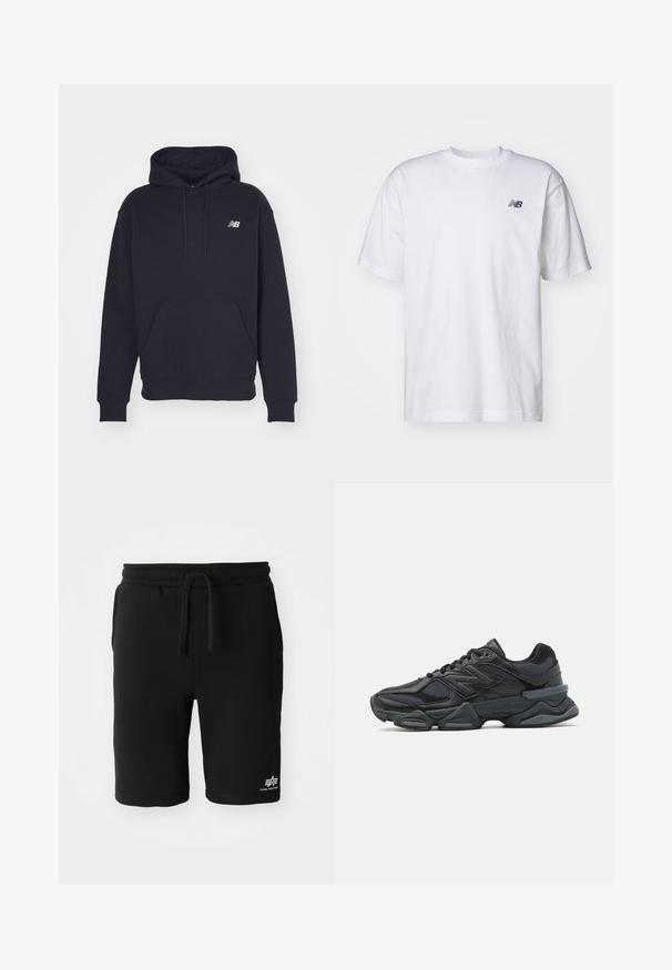 Svart hettegenser laget av bomullsblanding, med kengurulomme, snor i hetta og en liten brodert logo på brystet.; Hvit kortermet T-skjorte med rund hals og liten svart New Balance-logo på venstre bryst mot en ensfarget bakgrunn.; Sorte bomullsshorts med elastisk midje, snøring, sidelommer og en hvit logo-detalj nederst. Glatt tekstur.; Svart løpesko med en blanding av mesh og syntetiske materialer, chunky såle, buet design og fremtredende merkevare på siden.