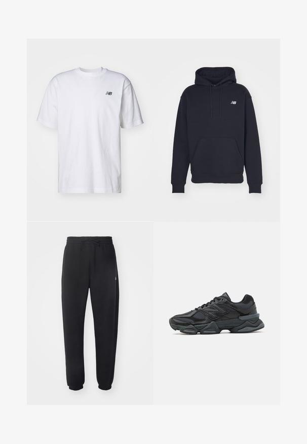 Svart hettegenser laget av bomullsblanding, med kengurulomme, snor i hetta og en liten brodert logo på brystet.; Hvit kortermet T-skjorte med rund hals og liten svart New Balance-logo på venstre bryst mot en ensfarget bakgrunn.; Sorte joggebukser laget av mykt materiale med elastisk midje, snor og smale mansjetter, med en diskret logo på siden.; Svart løpesko med en blanding av mesh og syntetiske materialer, chunky såle, buet design og fremtredende merkevare på siden.