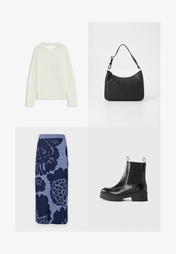 Maglione color crema chiaro con collo tondo, maniche lunghe, orlo a costine e una consistenza morbida. Nessun motivo o dettagli hardware visibili.; Gonna a maglia con grandi motivi floreali in tonalità di blu scuro e blu più chiaro. Forma dritta con vita a costine. Texture morbida.; Stivale alla caviglia in pelle nera con pannelli laterali elasticizzati, punta arrotondata e suola in gomma spessa con bordo seghettato e linguette di estrazione.; Borsa a tracolla in pelle nera con forma curva, una tracolla singola, chiusura con zip e marchio discreto sul fronte. Texture liscia, design minimalista.