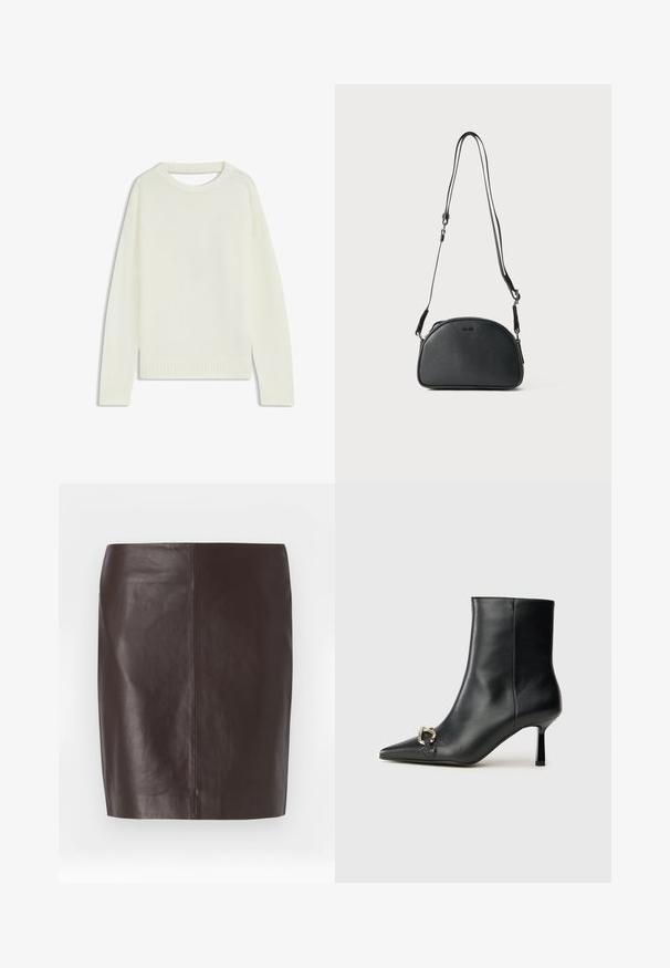 Pull crème clair avec un col rond, des manches longues, un ourlet côtelé et une texture douce. Aucun motif ni détail métallique visible.; Jupe en cuir brun avec une coupe droite, texture lisse et couture minimale. Présente un design mi-long sans embellissements.; Bottine en cuir noir avec un bout pointu, un talon moyen fin et un détail de boucle en argent sur le côté, se détachant sur un fond uni.; Sac bandoulière en cuir noir avec une forme arrondie, deux sangles réglables et un logo discret à l'avant. Texture extérieure et design minimaliste.