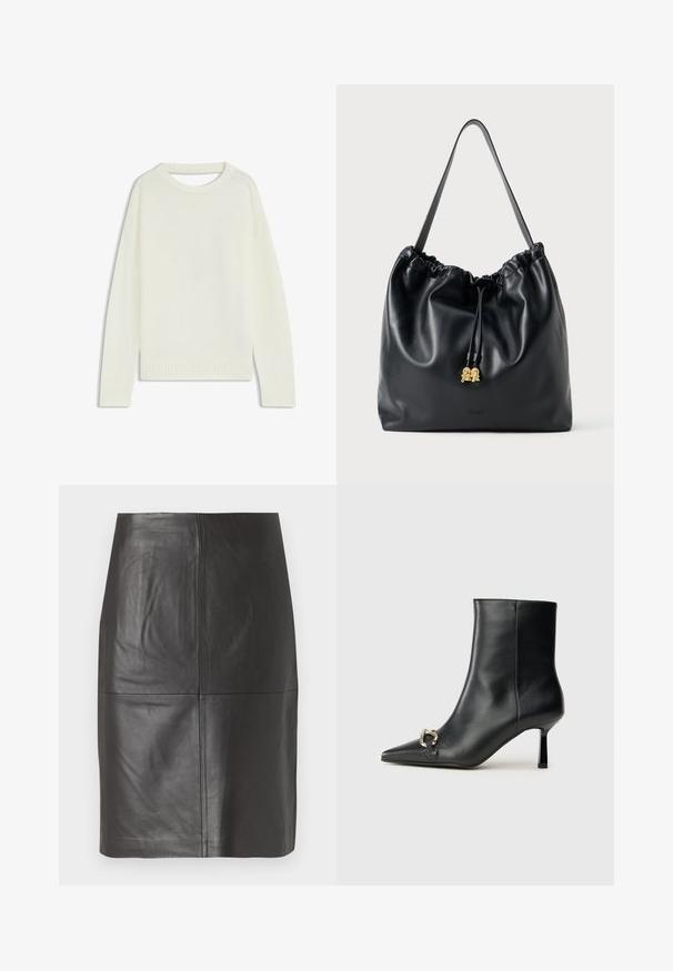 Light cream sweater featuring a round neck, long sleeves, ribbed hem, and a soft texture. No patterns or visible hardware details.; Black leather skirt with a smooth texture, featuring vertical seams and a straight cut design. No visible hardware or accents.; Black leather ankle boot with pointed toe, slim mid-height heel, and silver buckle detail on side against plain background.; Black leather drawstring bag with a smooth texture, gathered top, and subtle gold hardware. Features a single sturdy strap and embossed logo.