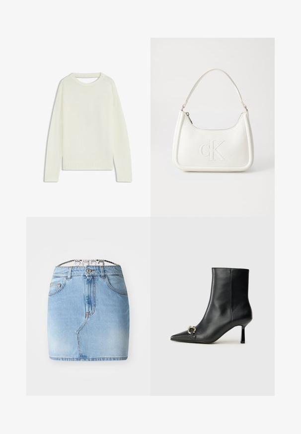 Light cream sweater featuring a round neck, long sleeves, ribbed hem, and a soft texture. No patterns or visible hardware details.; GCDS CHOKER SKIRT - Denim skirt - light blue; Black leather ankle boot with pointed toe, slim mid-height heel, and silver buckle detail on side against plain background.; White leather handbag with a curved shape, featuring an embossed "CK" logo on the front and a single shoulder strap. Zipper closure at top.