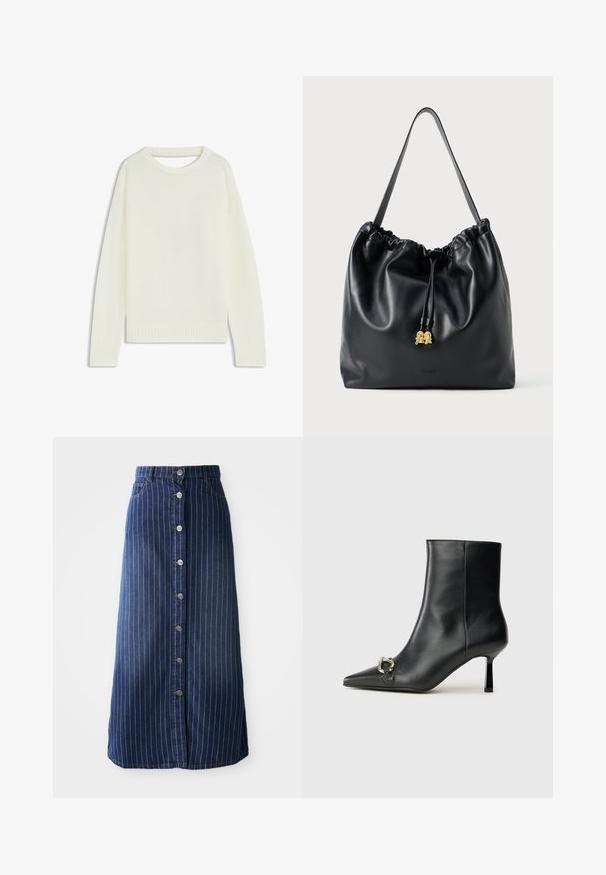 Ljus krämfärgad tröja med rund hals, långa ärmar, ribbat nederkant och en mjuk struktur. Inga mönster eller synliga hårdvarudetaljer.; Mörk denim maxikjol med vertikala vita ränder, framknäppning och en lätt utsvängd nederkant. Har fem knappar och kontrasterande sömmar.; Svart läderankelboot med spetsig tå, smal medelhög klack och silverfärgad spänndetalj på sidan mot en enfärgad bakgrund.; Svart läderdragstringväska med en slät yta, samlad topp och subtila guldfärger. Har ett enda robust handtag och präglad logotyp.