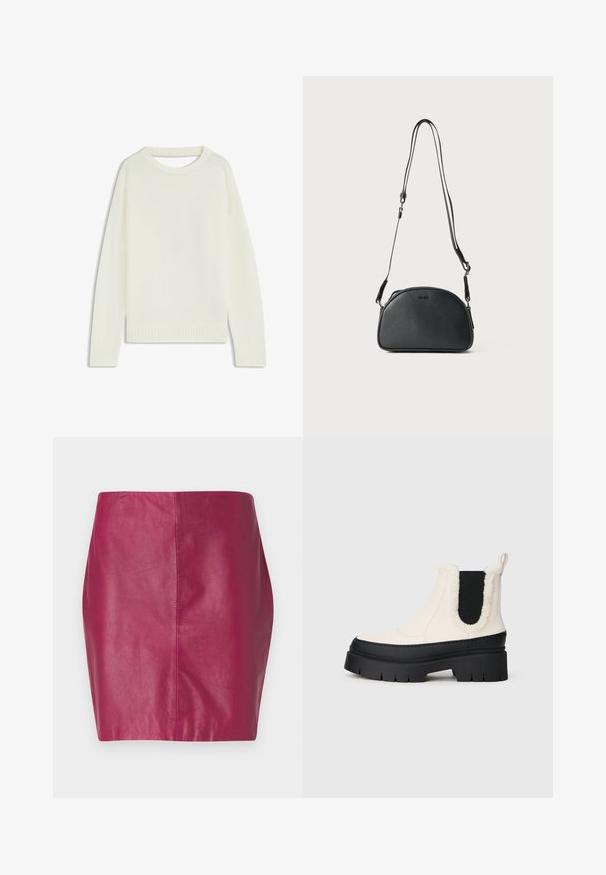 Suéter de color crema claro con cuello redondo, mangas largas, dobladillo acanalado y una textura suave. Sin patrones ni detalles de hardware visibles.; Falda ajustada de cintura alta en vibrante cuero fucsia, con textura suave y costuras mínimas, que resalta un diseño elegante.; Botas de tobillo con plataforma gruesa, parte superior blanca, suela de goma negra y paneles elásticos laterales en negro que contrastan. Adorno de pelo sintético en el borde superior.; Bolso bandolera de cuero negro con forma redondeada, dos correas ajustables y un logo sutil en la parte frontal. Exterior texturizado, diseño minimalista.