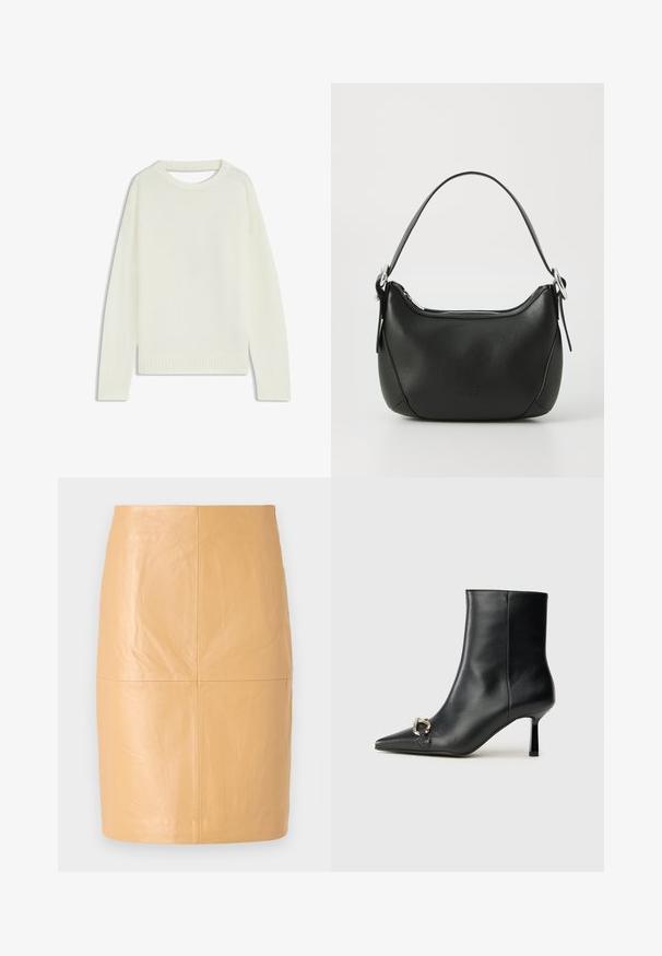 Vaalean kermanvärinen neule, jossa on pyöreä pääntie, pitkät hihat, ribbireunus ja pehmeä texture. Ei kuvioita tai näkyviä kiinnitysdetaileja.; 2nd Day JAYAN - Nahkahame - camel; Musta nahkasaapas nilkkapituisilla, terävillä kärjillä, hoikalla keskipituisella korolla ja hopeavöillä sivussa yksinkertaista taustaa vasten.; Musta nahkakäsilaukku, jossa on kaareva muoto, hopeinen vetoketju ja lyhyt kahva. Edessä on hienovarainen logo ja pinta on sileä.