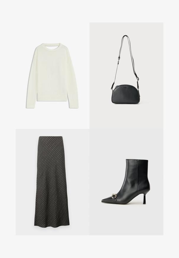 Ljus krämfärgad tröja med rund hals, långa ärmar, ribbat nederkant och en mjuk struktur. Inga mönster eller synliga hårdvarudetaljer.; Svart midikjol med diagonala vita ränder, tillverkad av ett slätt tyg. Har en utsvängd design och en A-linjeform.; Svart läderankelboot med spetsig tå, smal medelhög klack och silverfärgad spänndetalj på sidan mot en enfärgad bakgrund.; Svart läder crossbody-väska med rundad form, två justerbara remmar och en diskret logotyp på framsidan. Strukturerad yta, minimalistisk design.