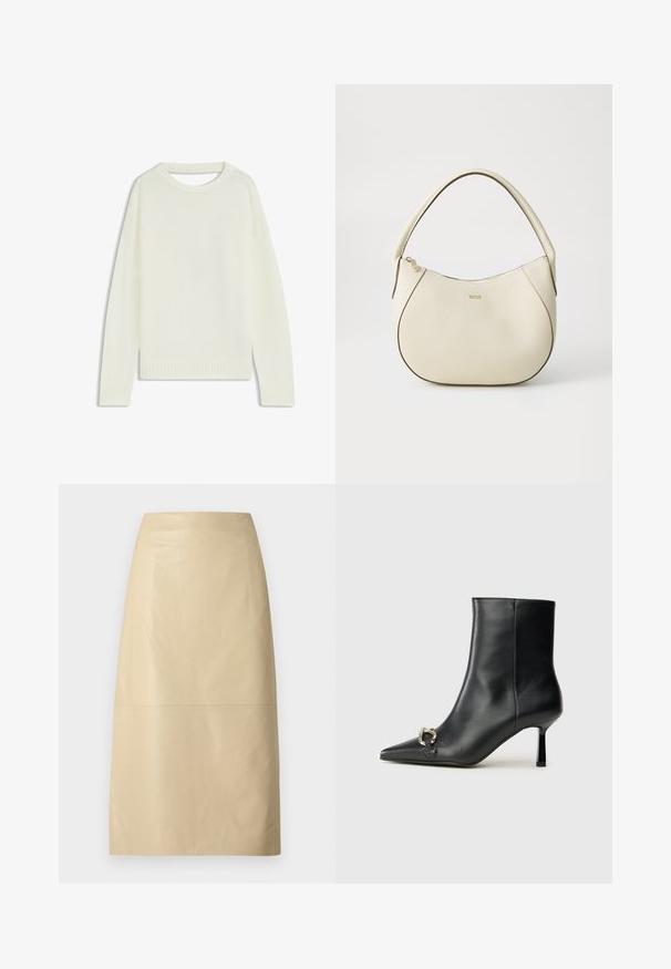 Hellbeige Pullover mit Rundhalsausschnitt, langen Ärmeln, geripptem Saum und weicher Textur. Keine Muster oder sichtbaren Hardware-Details.; Beige Leder Bleistiftrock mit glatter Textur, mittellanger Silhouette und minimalistischem Design. Verfügt über eine Nahtdetail in der Mitte.; Schwarze Leder-Stiefelette mit spitzer Zehe, schlankem, mittelhohem Absatz und silberner Schnalle seitlich vor einem schlichten Hintergrund.; Cremfarbener Handtasche mit strukturiertem Finish, gebogener Form, kurzem Griff und Logo-Detail in Gold. Reißverschlussverschluss oben.