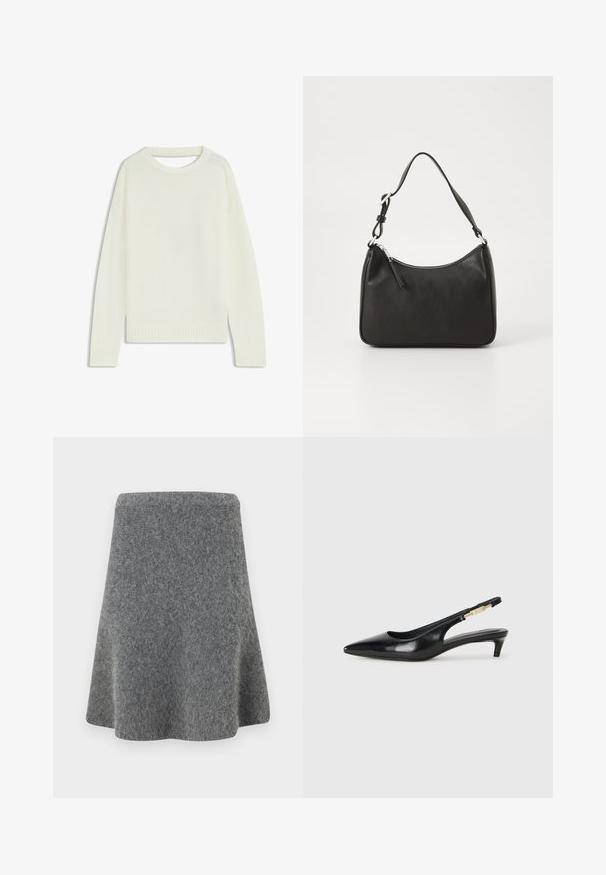 Light cream sweater featuring a round neck, long sleeves, ribbed hem, and a soft texture. No patterns or visible hardware details.; Gray A-line skirt made of soft, textured material. Features a fitted waist and flared hem, providing a smooth silhouette.; Black leather slingback heels with a pointed toe, featuring a slim heel and a gold-tone accent on the adjustable strap. Smooth texture.; Black leather handbag with a curved shape, a single strap, zip closure, and subtle branding on the front. Smooth texture, minimalist design.