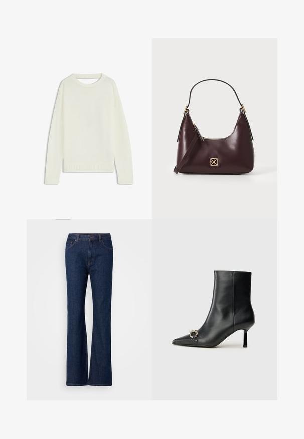 Suéter de color crema claro con cuello redondo, mangas largas, dobladillo acanalado y una textura suave. Sin patrones ni detalles de hardware visibles.; Jeans de mezclilla azul acampanados con cintura alta, que cuentan con una textura suave, cierre de botón metálico y diseño de cinco bolsillos.; Botín negro de cuero hasta el tobillo con punta afilada, tacón delgado de altura media y detalle de hebilla plateada en el lateral, sobre un fondo liso.; Bolso de mano de cuero burdeos con forma curva, acentos dorados en el herraje y cierre con cremallera. Incluye una correa de hombro desmontable.