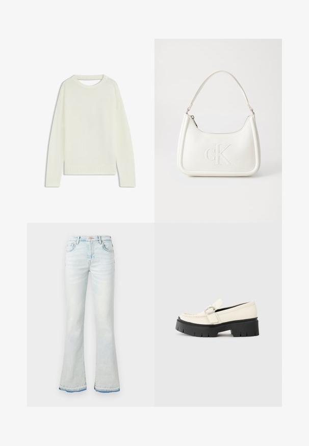 Lichtcreme trui met een ronde hals, lange mouwen, geribbelde zoom en een zachte textuur. Geen patronen of zichtbare hardwaredetails.; Lichtblauwe flared jeans van denim, met een hoge taille, vijf zakken en een rafelige zoom met een donkerdere blauwe accent.; Witte leren loafer met een stevige zwarte plateauzool, voorzien van een rechthoekige zilveren gesp en zichtbare stiksels op de bovenkant.; Witte lederen handtas met een gebogen vorm, voorzien van een reliëf "CK" logo aan de voorkant en een enkele schouderriem. Ritsluiting aan de bovenkant.