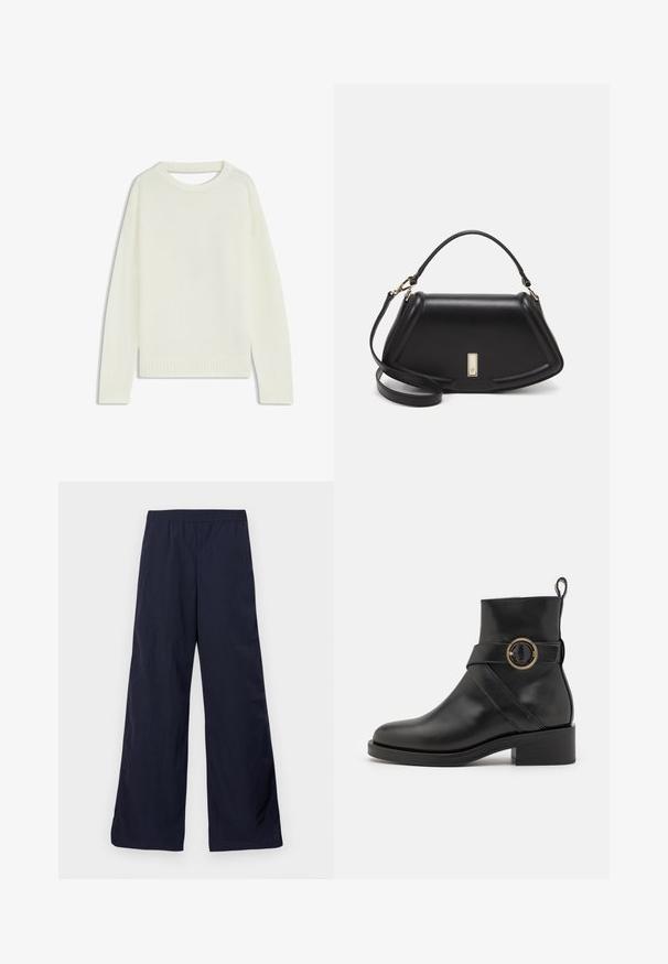 Hellbeige Pullover mit Rundhalsausschnitt, langen Ärmeln, geripptem Saum und weicher Textur. Keine Muster oder sichtbaren Hardware-Details.; Weite Hosen in dunklem Marineblau, aus einem leichten Material mit glatter Textur und einem elastischen Bund für zusätzlichen Komfort.; BOSS IRYNA BOOTIE - Plateaustiefelette - black; Schwarze Lederhandtasche mit einem strukturierten Design, das eine verkürzte Form, einen oberen Griff und goldfarbene Hardware-Details aufweist. Verstellbarer Schulterriemen ist enthalten.