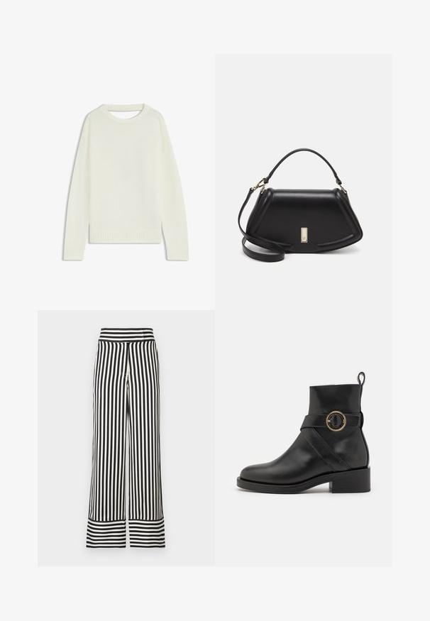 Pull crème clair avec un col rond, des manches longues, un ourlet côtelé et une texture douce. Aucun motif ni détail métallique visible.; Pantalons à jambes larges en rayures verticales noires et blanches, avec une taille haute et un ourlet rayé contrasté. Tissu lisse et léger.; BOSS IRYNA BOOTIE - Bottines à plateau - black; Sac à main en cuir noir avec un design structuré, featuring une forme cropped, une poignée supérieure et des accents en matériel doré. Bandoulière réglable incluse.