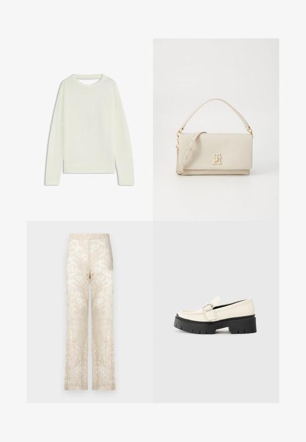 Light cream sweater featuring a round neck, long sleeves, ribbed hem, and a soft texture. No patterns or visible hardware details.; Lace wide-leg pants in cream, featuring intricate floral patterns and a textured surface. Elastic waistband for comfort.; White leather loafer with a chunky black platform sole, featuring a rectangular silver buckle and visible stitching detail on the upper.; Beige leather handbag with a structured shape, gold-tone hardware, and a logo on the front. Features a top handle and detachable shoulder strap.