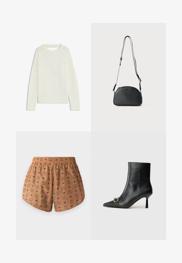Lys cremesweater med rund hals, lange ærmer, ribbet kant og en blød tekstur. Ingen mønstre eller synlige hardware-detaljer.; Brune shorts med et helovertrykt logo-mønster og mørkeblå diamantdetaljer, elastisk talje og let, struktureret stof.; Sort læder ankelstøvle med spidse tæer, slank hæl i mellemhøjde og sølvspænde detaljer på siden mod en ensfarvet baggrund.; Sort læder crossbody taske med en rundet form, to justerbare stropper og et diskret logo på fronten. Teksturert ydre, minimalistisk design.