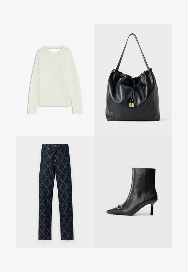 Suéter de color crema claro con cuello redondo, mangas largas, dobladillo acanalado y una textura suave. Sin patrones ni detalles de hardware visibles.; Jean oscuro con un patrón geométrico en azul claro, con un diseño de pierna recta y un clásico estilo de cinco bolsillos.; Botín negro de cuero hasta el tobillo con punta afilada, tacón delgado de altura media y detalle de hebilla plateada en el lateral, sobre un fondo liso.; Bolso de drawstring de cuero negro con textura suave, parte superior recogida y sutil herrajes dorados. Cuenta con una sola correa resistente y un logo en relieve.