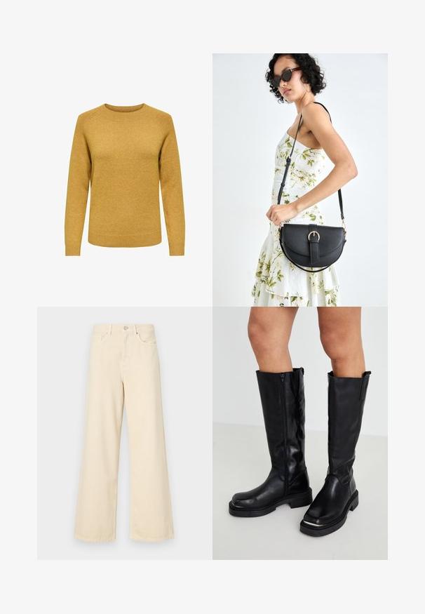 Mustard yellow knit sweater, round neck, long sleeves, ribbed cuffs and hem, textured finish, regular fit, no embellishments.; Beige wide-leg jeans made of cotton. Features a button closure, belt loops, and front pockets with a smooth, soft texture.; Knee-high black leather boots featuring a side zipper, chunky rubber sole, and textured finish with a minimalist design.; Black leather handbag with a curved shape, detachable strap, and gold hardware. The bag features a flap with a buckle detail.