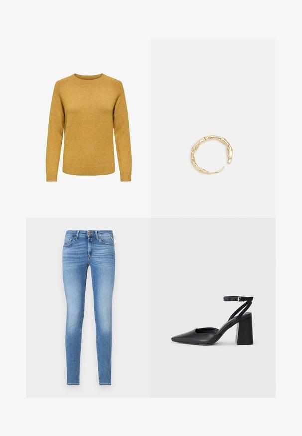 Dzeltena sinepju krāsas adīta džemperis, apaļa kakla izgriezums, garas piedurknes, ribotu aproču un apakšmalu, teksturēta apdare, regulāra piegriezuma, bez rotājumiem.; Šauri gaismis zili džinsi ar vidēju jostas augstumu, priekšējo pogu un piecu kabatu dizainu.; Melna ādas augstpapēžu kurpe ar norakstīto purngala formu, potītes siksniņu un masīlu papēdi. Gluda tekstūra, elegants dizains un minimālisma estētika.; Zelta toņa gredzens ar organisku, vērptu dizainu, gludu virsmu un sašaurinātiem galiem, radot mūsdienīgu, skulpturālu izskatu.