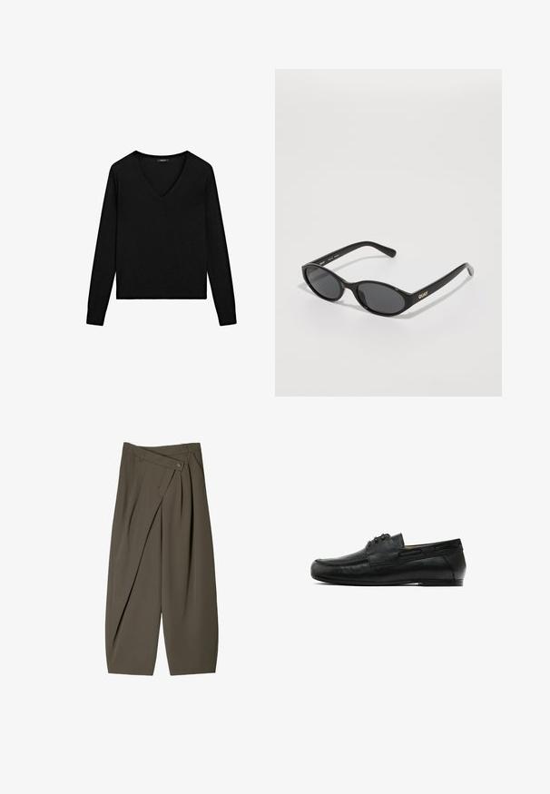 Schwarzer Pullover mit langen Ärmeln und V-Ausschnitt. Aus weichem Material, mit taillierter Passform und gerippten Kanten. Schlichtes Design, ohne Muster.; Weite Hose aus dunkelolivgrünem Stoff mit einem gefältelten Vorderdesign, einem Knopfverschluss und einer glänzenden, strukturierten Oberfläche.; Schwarze Lederlofer mit runder Spitze, dekorativer Naht an der Vorderseite und zwei seitlichen Akzenten. Glatte Textur mit einem niedrigen, stabilen Absatz.; Schwarze Sonnenbrille mit runden Gläsern, glänzender Kunststofffassung und goldfarbenem "QUAY"-Logo an der Seite. Mit dunkel getönten Gläsern.; Schwarze Ledertasche im Hobo-Stil mit geschwungenem Profil, einem einzelnen Schulterriemen und einem Reißverschluss oben. Glatte Textur mit minimalen Hardware-Akzenten.
