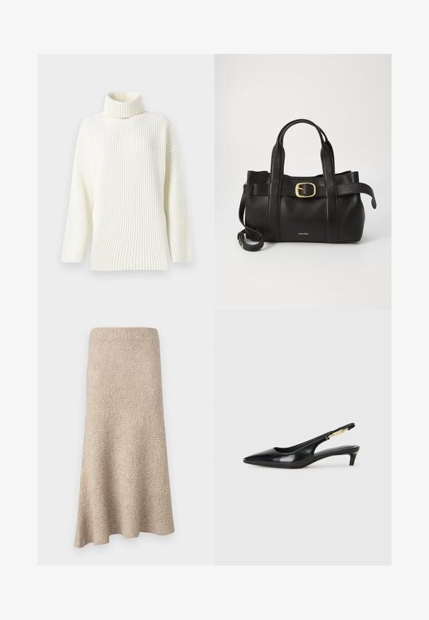 Cream-colored ribbed turtleneck sweater with long sleeves and a relaxed fit. Soft texture and seamless design enhance its comfort.; Knee-length, A-line skirt in soft beige material with a textured surface and no visible fastenings or patterns.; Black leather slingback heels with a pointed toe, featuring a slim heel and a gold-tone accent on the adjustable strap. Smooth texture.; Black leather handbag featuring a structured design, dual top handles, gold-tone buckle accent, and embossed brand logo at the front.