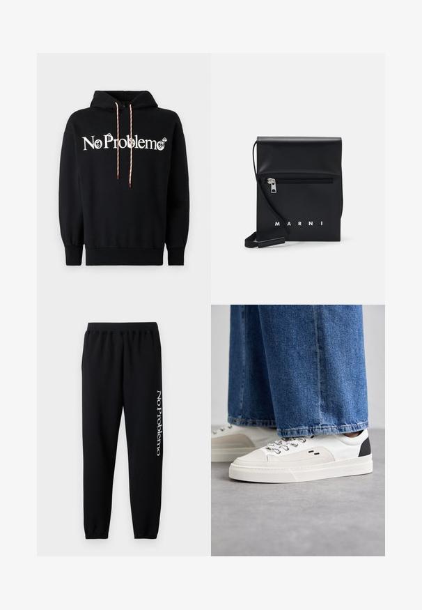Zwarte hoodie met "No Problemo" tekst in het wit. Voorzien van een capuchon met trekkoord en rode en witte accenten. Gemaakt van zachte stof, relaxed fit.; Zwarte sweatpants met een elastische tailleband, taps toelopende enkels en witte "No Problemo" tekst gedrukt op het linkerpant. Zacht katoenen materiaal.; Witte en zwarte sneakers met een glad leren bovenwerk, textuuraccenten en een chunky witte zool. Heeft een klassiek vetersluiting ontwerp.; Zwarte leren schoudertas met een ritsvak aan de voorkant, reliëflogo en verstelbare schouderband. Soepele textuur met een gestructureerde vorm.