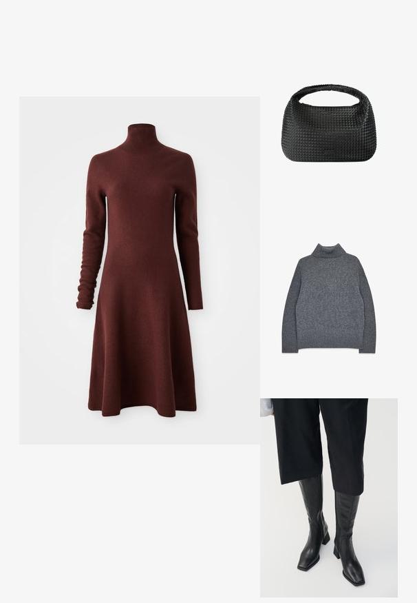 Grå turtlenecktröja i ett mjukt, strukturerat stickat material. Har ribbade manschetter och fåll, med en avslappnad, boxig passform för komfort och värme.; Långärmad, högkragad, vinröd stickad klänning med en utsvängd kjol, visad mot en vit bakgrund.; Svarta läderknähöga stövlar med fyrkantig tå och blockklack. Har en siddragkedja och slät textur.; Svart vävd handväska med oval form, texturerad yta och ett enda handtag på toppen. Har en elegant, minimalistisk design utan synlig hårdvara.