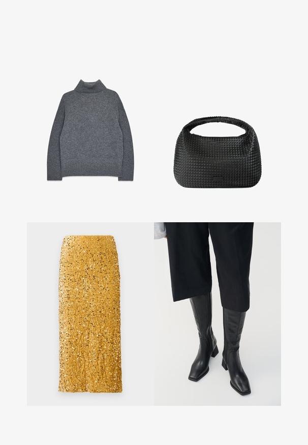 Sivý rolák z jemného, štruktúrovaného úpletu. Vlastnosti: rebrované manžety a dolný lem, s uvoľneným, hranatým strihom pre pohodlie a teplo.; Biela košeľa s dlhým rukávom a zapínaním na gombíky, s ostrým golierom a zakriveným lemom, vystavená na jednoliatom pozadí.; Zlatá midi sukňa pokrytá lesklými flitrami s rovnými strihom a vysokým pásom na bielom pozadí.; Čierne kožené čižmy po kolená so štvorcovou špičkou a blokovým podpätkom. Obsahujú bočný zips a hladký povrch.; Čierna tkaná kabelka s zaobleným tvarom, textúrovaným povrchom a jedným horným uchom. Vyznačuje sa štýlovým, minimalistickým dizajnom bez viditeľných kovových prvkov.