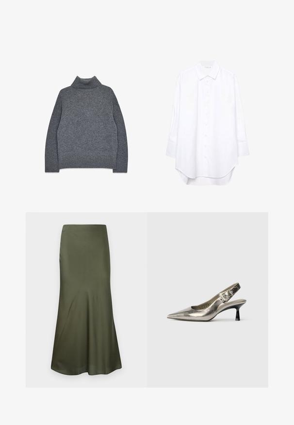Szary sweter z golfem wykonany z miękkiego, teksturowanego dzianiny. Posiada ściągacze przy mankietach i u dołu, a także luźny, prostokątny krój dla komfortu i ciepła.; Biała koszula z długim rękawem, zapinana na guziki, z szpiczastym kołnierzykiem i zaokrąglonym dołem, wyeksponowana na jednolitym tle.; Oliwkowa, dopasowana spódnica midi z satynowego materiału, rozszerzająca się na dole, zaprezentowana na białym tle.; Srebrne metaliczne szpilki slingback z ostrym noskiem, małym czarnym obcasem i detalem w postaci klamry na pasku. Gładka skórzana tekstura.