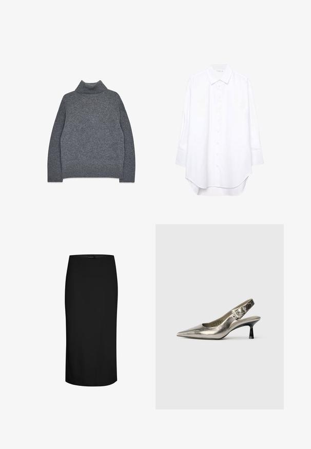 Harmaa poolpaita pehmeas textuurissa neulostyylissä. Varustettu ribbatut hihansuut ja helma, rento ja laatikkomainen istuvuus mukavuutta ja lämpöä varten.; Valkoinen pitkähihainen nappipaita, jossa on terävä kaulus ja kaareva helma, esillä yksinkertaista taustaa vasten.; Musta kynähame, joka on valmistettu sileästä kankaasta, jossa on tiukka malli, polven pituinen leikkaus ja epäsymmetrinen sauma yksityiskohta toisella puolella.; Metallinen hopeinen slingback-korkokenkä, jossa on terävä kärki, pieni musta korko ja solk yksityiskohtana hihnassa. Sileä nahkatunne.