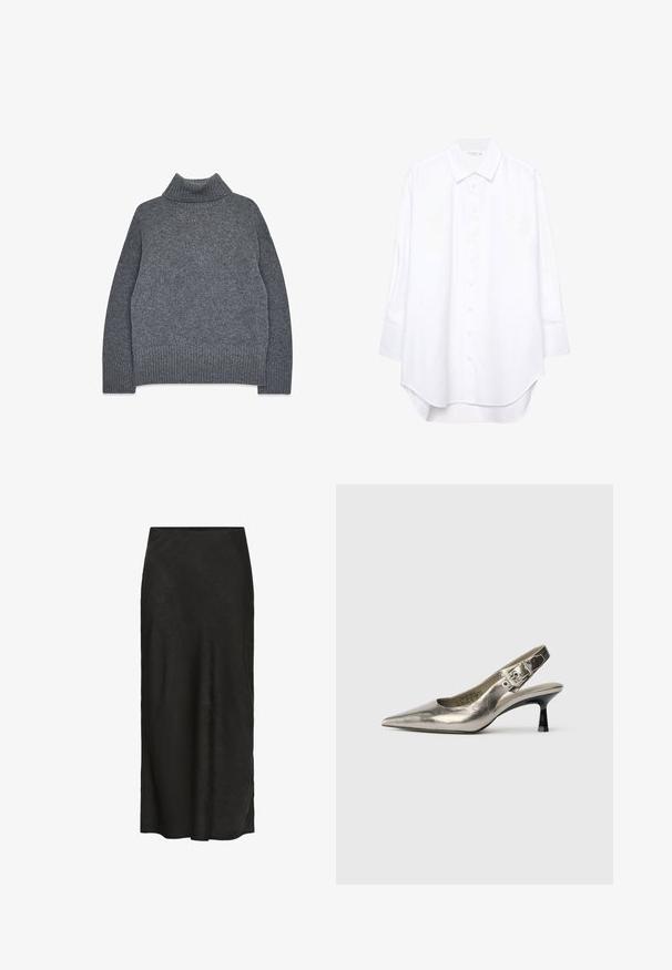 Gray turtleneck sweater in a soft, textured knit. Features ribbed cuffs and hem, with a relaxed, boxy fit for comfort and warmth.; White long-sleeve button-up shirt with a pointed collar and curved hem, displayed against a plain background.; Black, floor-length skirt made of textured fabric. Features a smooth waistband, slight drape, and minimal design without additional details.; Metallic silver slingback pump with a pointed toe, small black heel, and buckle detail on the strap. Smooth leather texture.