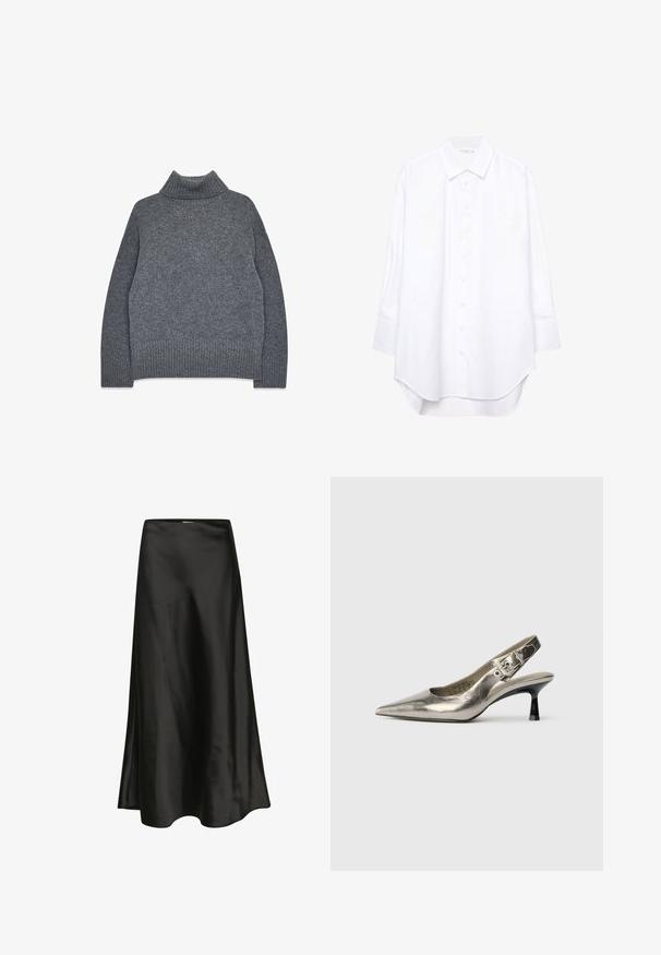 Grå turtleneck sweater i blødt, tekstureret strik. Har ribbet manchetter og kant, med en afslappet, boxy pasform for komfort og varme.; Hvid langærmet skjorte med knapper, spids krave og rundet kant, præsenteret mod en ensfarvet baggrund.; Ærtesatinskør med en glat tekstur, A-linjeform og en subtil glans. Har en buet kant og et simpelt taljebånd-design.; Metallic sølv slingback pumpe med spids tå, lille sort hæl og spænde detaljer på remmen. Glat lædertekstur.