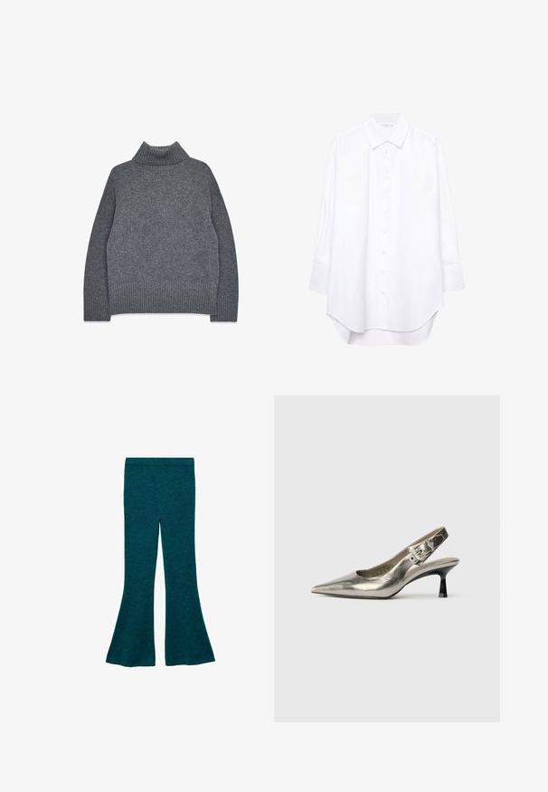 Sivý rolák z jemného, štruktúrovaného úpletu. Vlastnosti: rebrované manžety a dolný lem, s uvoľneným, hranatým strihom pre pohodlie a teplo.; Biela košeľa s dlhým rukávom a zapínaním na gombíky, s ostrým golierom a zakriveným lemom, vystavená na jednoliatom pozadí.; Tyrkysové rozšírené nohavice z mäkkej, textúrovanej látky, s pevnými pásom a zvonovými nohavicami pre uvoľnený strih.; Metalická strieborná slingback obuv s špicatou špičkou, malým čiernym podpätkom a detailom pracky na remienku. Hladká kožená textúra.