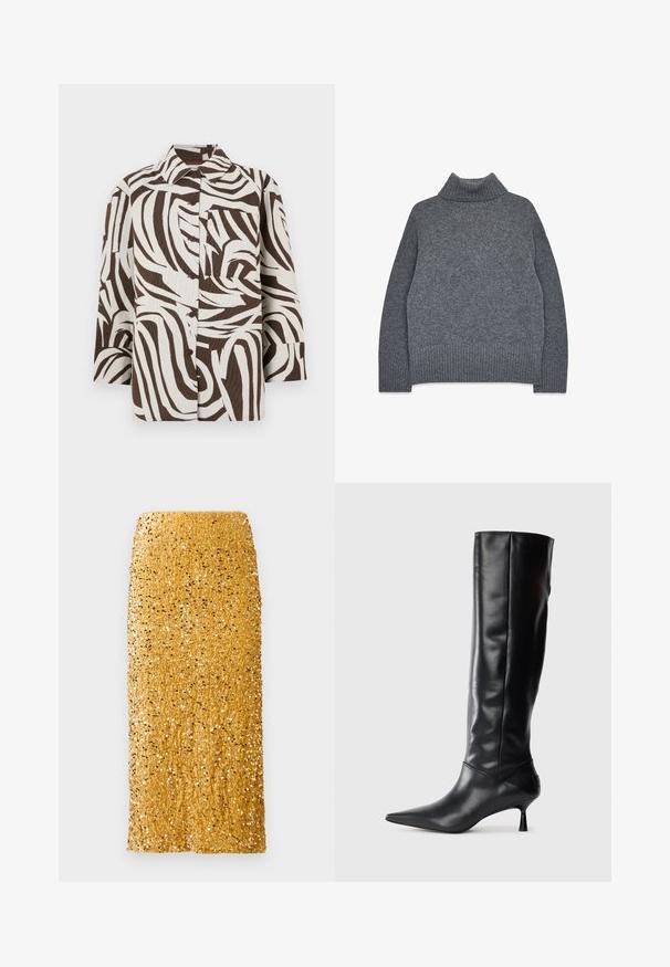 Pilkas pūkinis megztinis iš minkštos, tekstūrinių siūlų. Su juostuotais rankogaliais ir apatine dalimi, suteikiantis laisvą, dėvėtą stilių patogumui ir šilumai.; Rudas ir baltas marškiniai su mygtukais, kuriuose yra bangos pavidalo raštas. Pagaminti iš tekstūruotos medžiagos, su apykakle ir viena krūtinės kišene.; Auksinė midi sijonas, padengtas blizgiu pailgu pailgu, tiesaus kirpimo ir aukštu liemeniu, priešais baltą foną.; Juodai odiniai iki kelių batai su smailiu pirštu ir plonu lenktu kulnu. Lygus paviršius, prigludęs dizainas ir be matomų detalijų ar raštų.